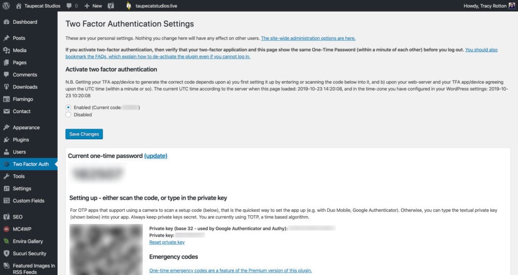 The Two Factor Authentication WordPress plugin administration screen.